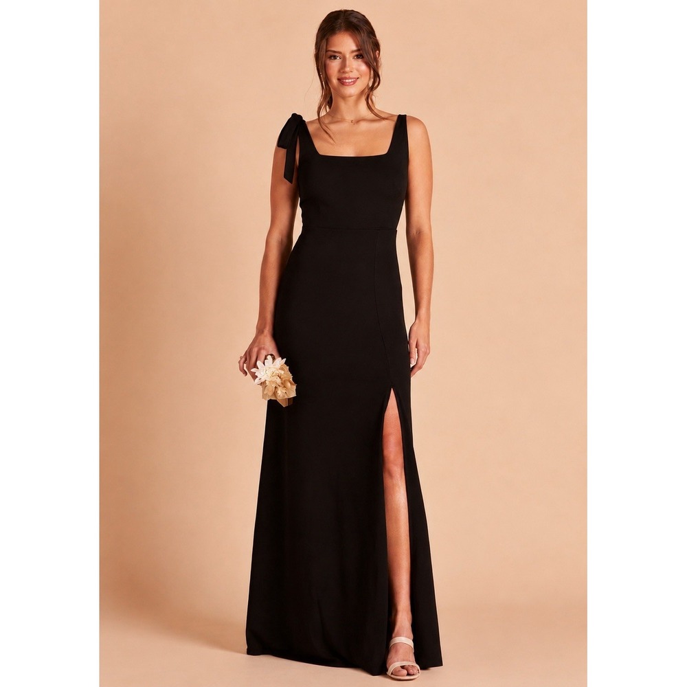 Birdy Grey Black Crepe Long Dress Bow Strap Bridesmaid Sz M Formal Evening Party